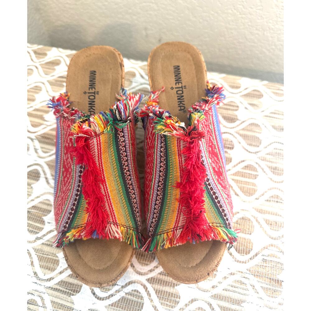 Minnetonka Sz. 8 Multicolor Boho/ Tribal Woven Upper Cork Wedge Open Toe Shoe